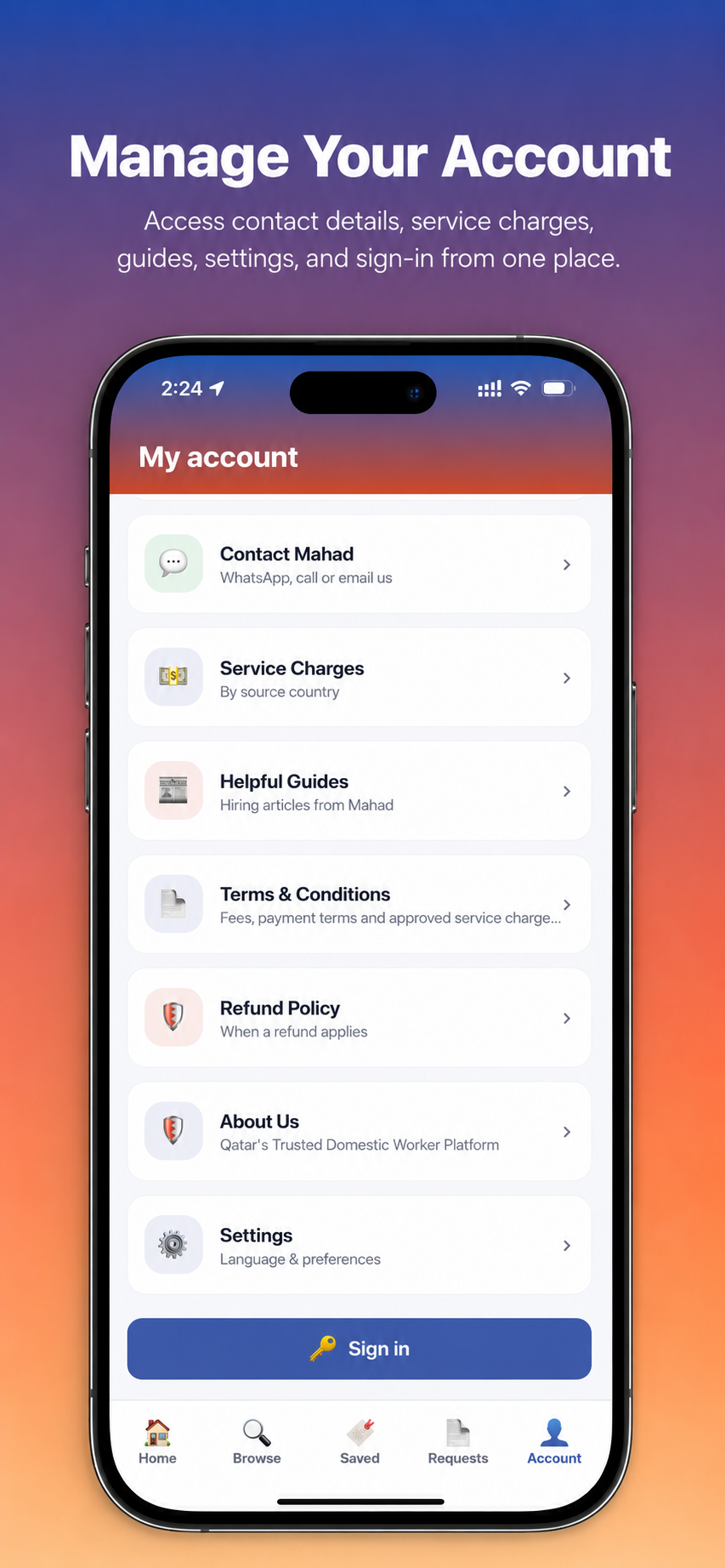 Mahad Domestic App - Account Management